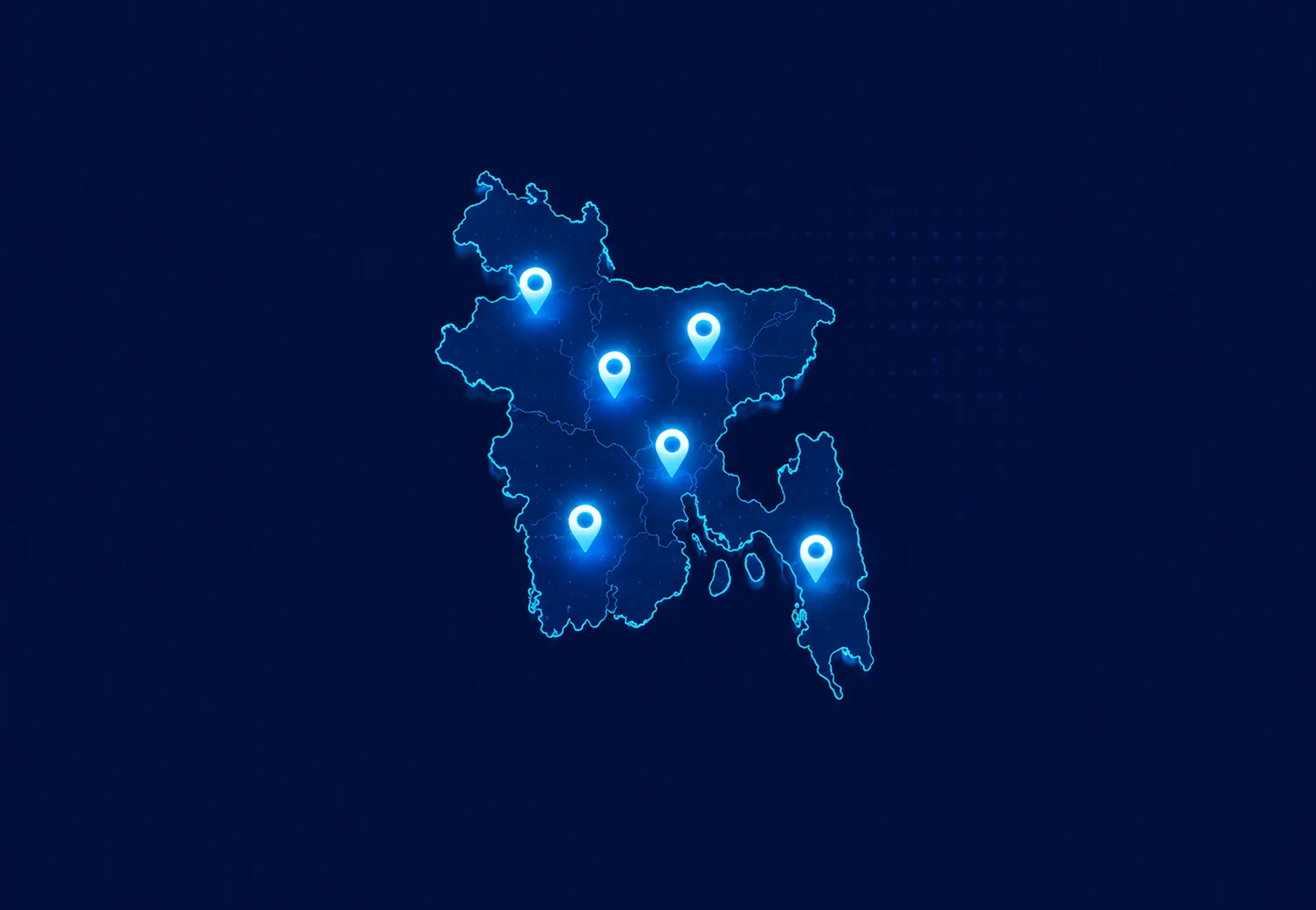 Glowing Bangladesh map with location pins