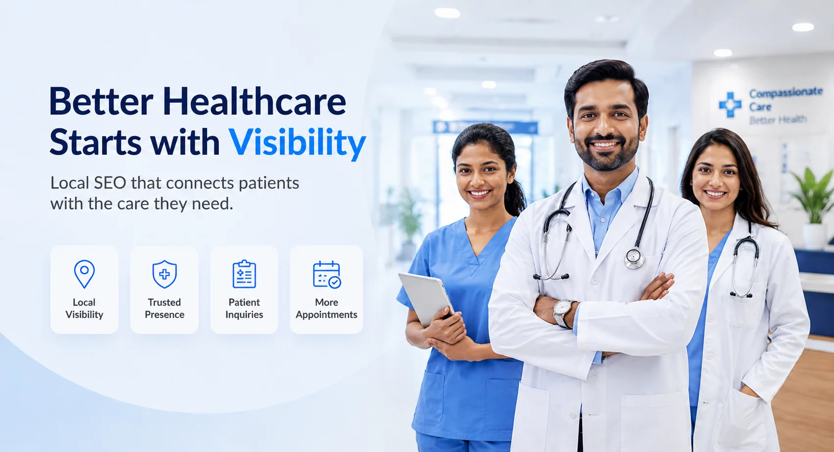 Modern healthcare facility and medical SEO growth visual