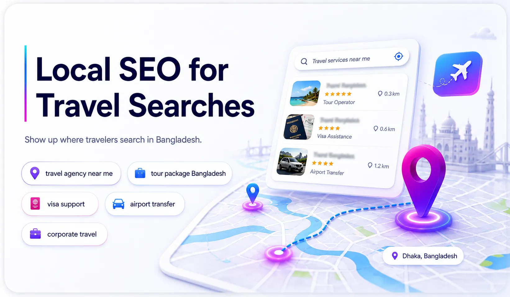 Local SEO graphic for travel searches and tour package keywords in Bangladesh
