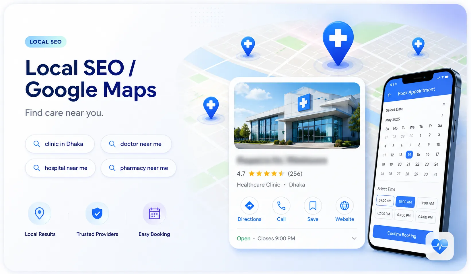 Google Maps SEO or healthcare local search results mockup