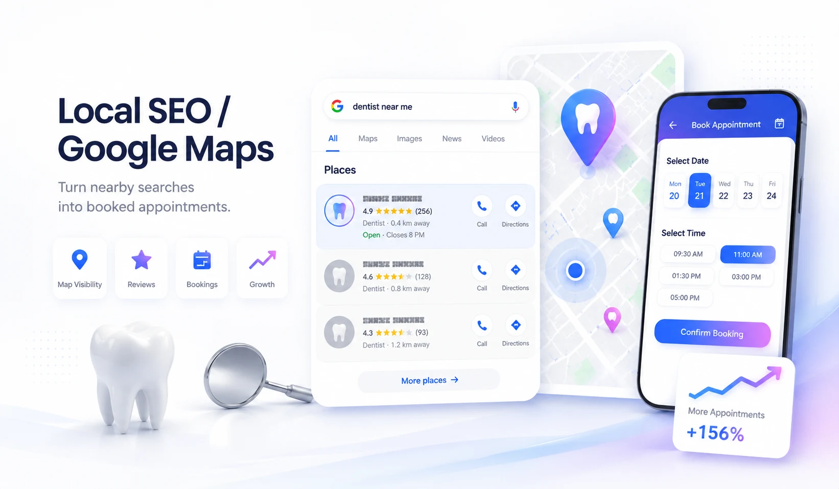 Google Maps SEO or dental local search results mockup