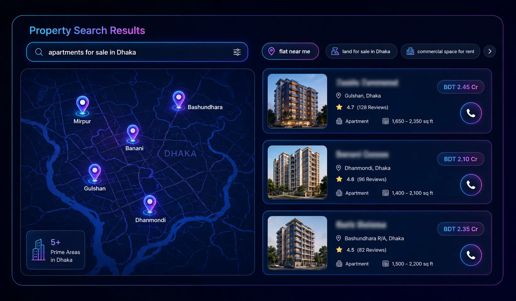 Real estate local search map results mockup for property buyers in Bangladesh