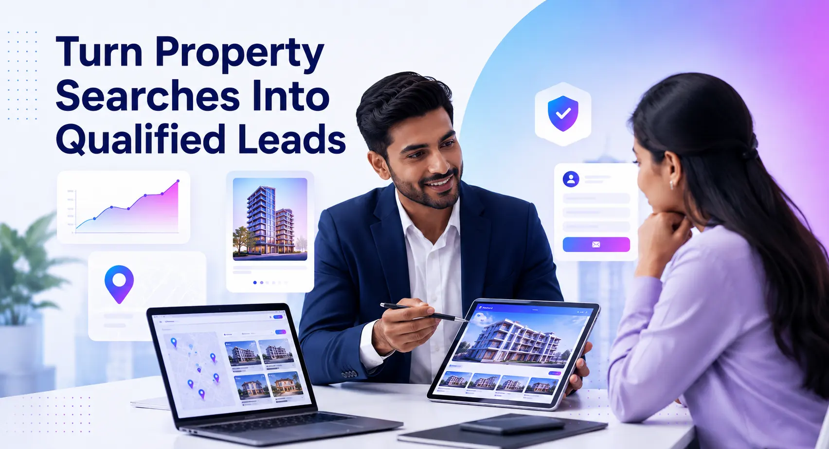 Real estate consultant showing property plans and search visibility strategy to a buyer