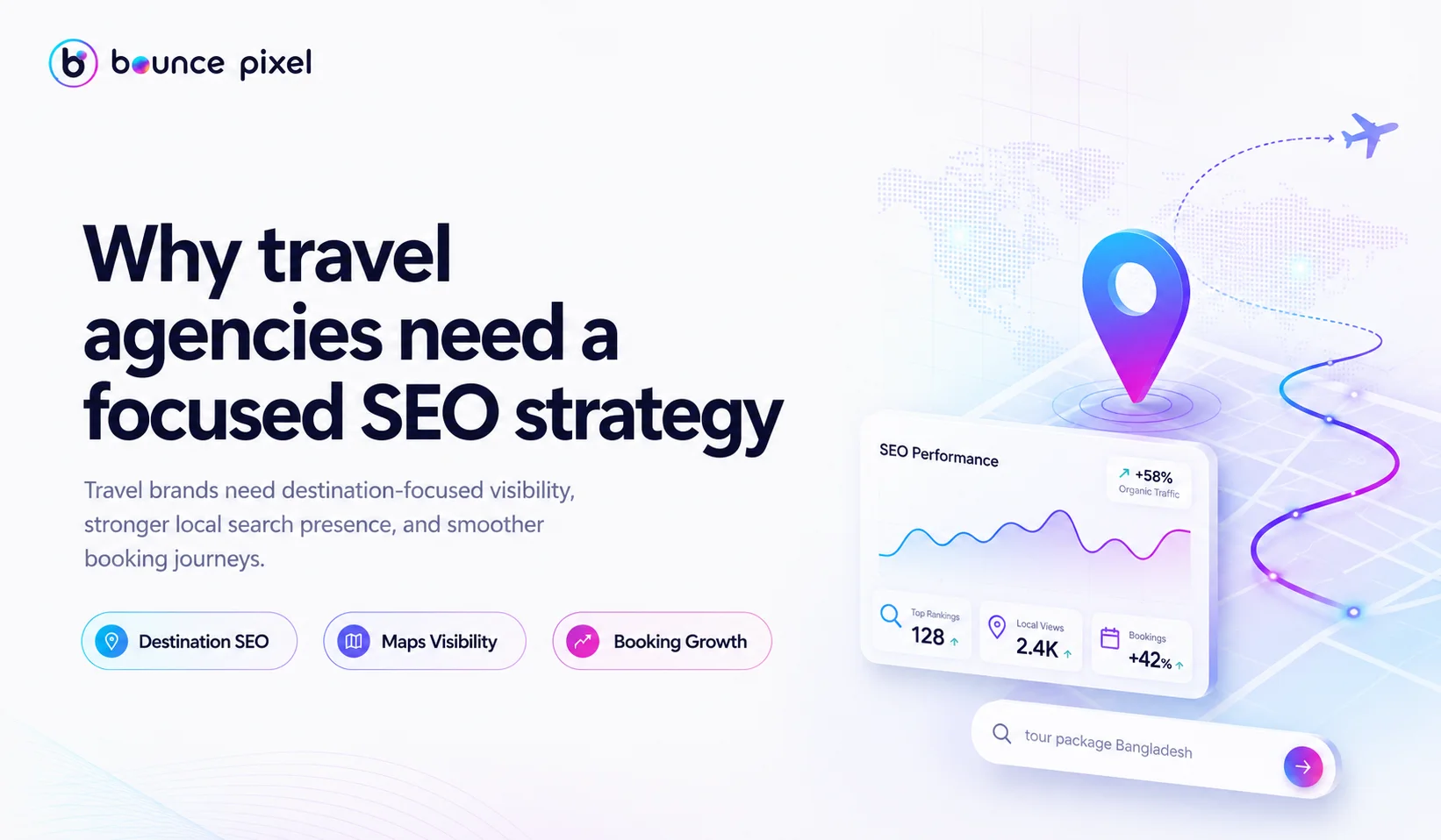 Focused travel SEO strategy graphic for travel agencies in Bangladesh